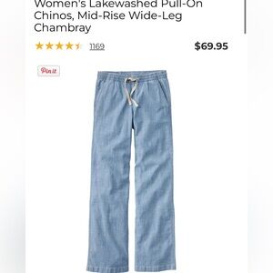 LLBean Women's Lakewashed Pull-On Chinos, Mid-Rise Wide-Leg Chambray 6 NWT